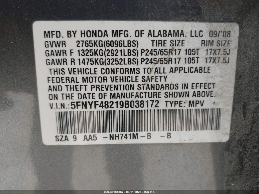 2009 Honda Pilot Lx VIN: 5FNYF48219B038172 Lot: 43181387