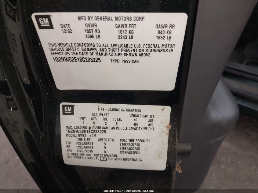 2003 Pontiac Grand Am Gt VIN: 1G2NW52E13C233225 Lot: 43181407