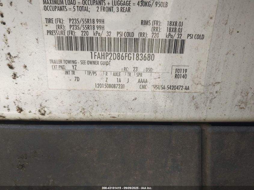 2015 Ford Taurus Se VIN: 1FAHP2D86FG183680 Lot: 43181419