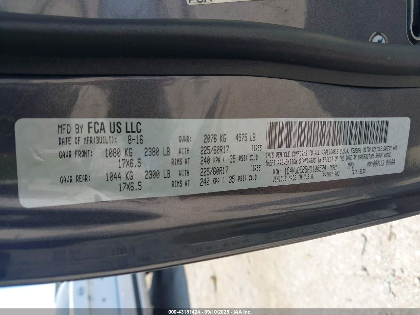 2017 Jeep Compass High Altitude 4X4 VIN: 1C4NJDEB5HD100524 Lot: 43181424