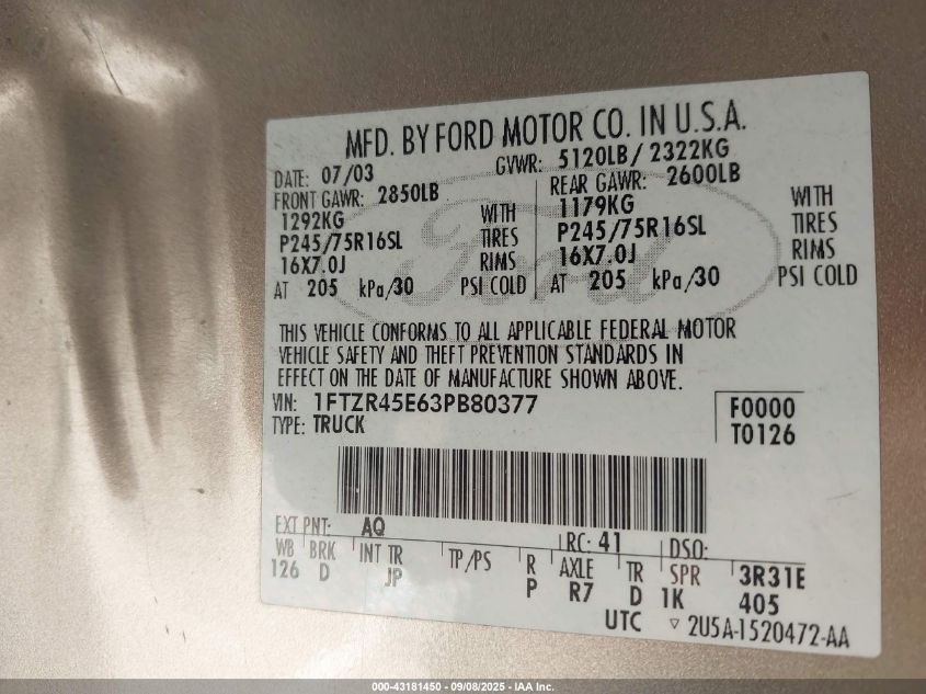 2003 Ford Ranger Edge/Xlt VIN: 1FTZR45E63PB80377 Lot: 43181450