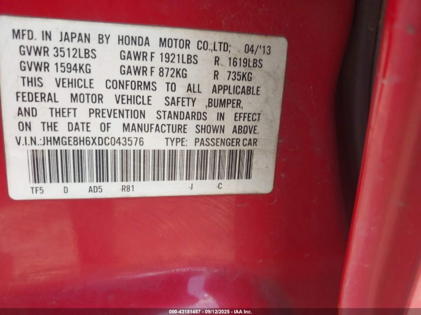 2013 Honda Fit Sport VIN: JHMGE8H6XDC043576 Lot: 43181457