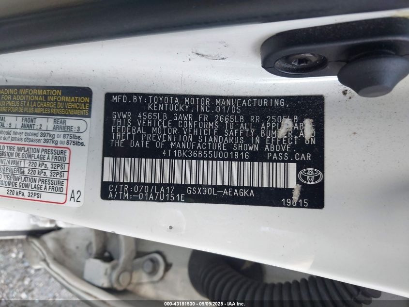 2005 Toyota Avalon Xls VIN: 4T1BK36B55U001816 Lot: 43181530