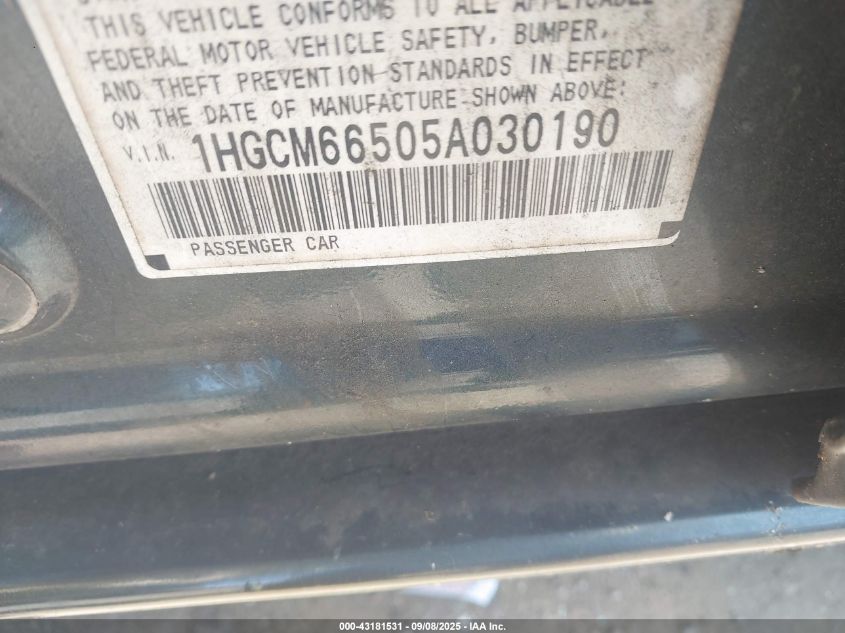 2005 Honda Accord 3.0 Ex VIN: 1HGCM66505A030190 Lot: 43181531