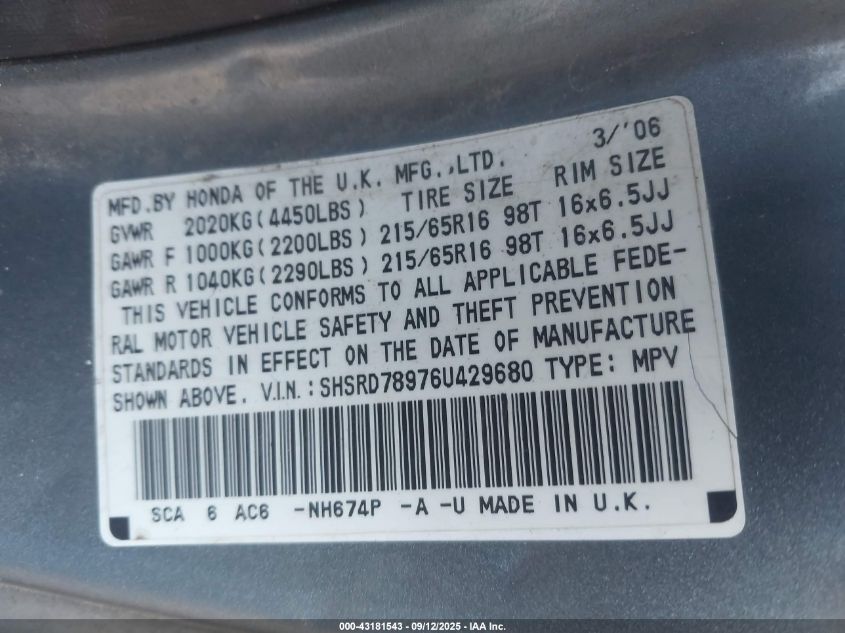 2006 Honda Cr-V Se VIN: SHSRD78976U429680 Lot: 43181543