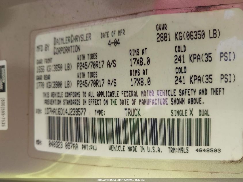2004 Dodge Ram 1500 Slt/Laramie VIN: 1D7HA16D14J239577 Lot: 43181564