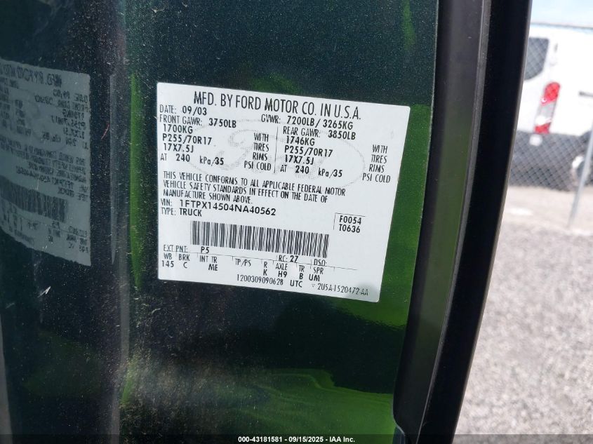 2004 Ford F-150 Fx4/Lariat/Xl/Xlt VIN: 1FTPX14504NA40562 Lot: 43181581