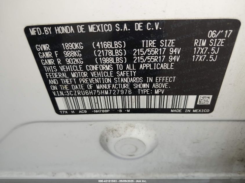 2017 Honda Hr-V Ex-L VIN: 3CZRU6H75HM727976 Lot: 43181583
