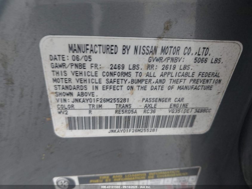 2006 Infiniti M35X VIN: JNKAY01F26M255281 Lot: 43444920