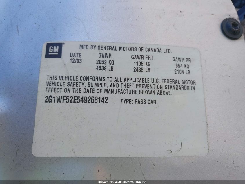 2004 Chevrolet Impala VIN: 2G1WF52E549268142 Lot: 43181584