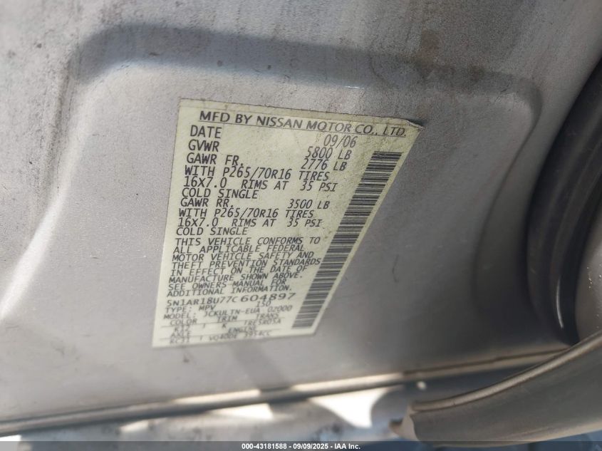 2007 Nissan Pathfinder Se VIN: 5N1AR18U77C604897 Lot: 43181588