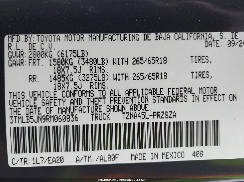 2024 Toyota Tacoma Trd Sport 4Wd VIN: 3TMLB5JN9RM060836 Lot: 43181595