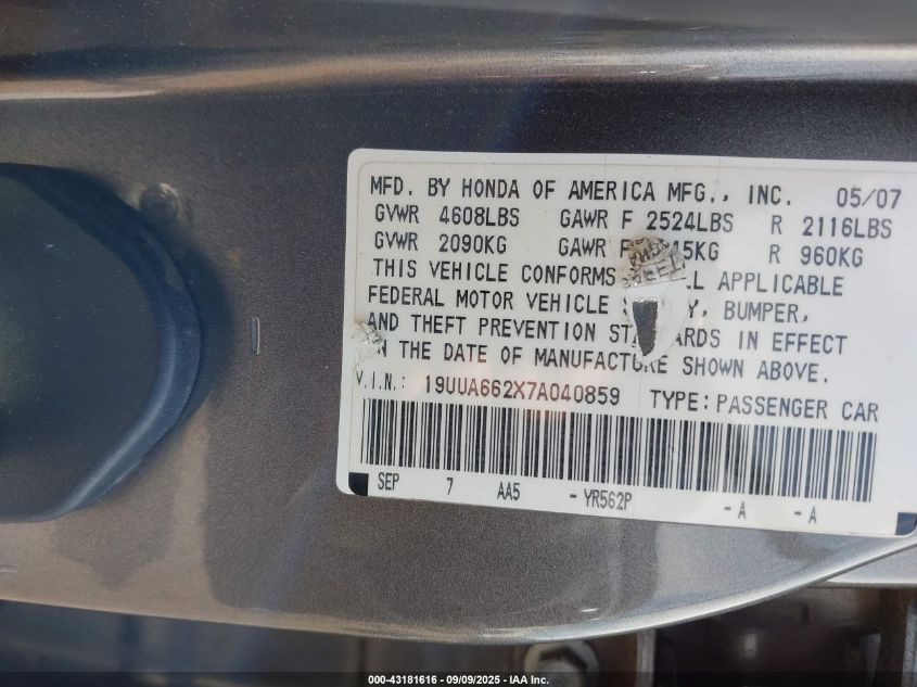 2007 Acura Tl 3.2 VIN: 19UUA662X7A040859 Lot: 43181616
