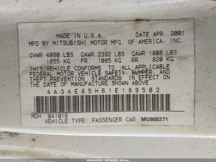 2001 Mitsubishi Eclipse Spyder Gt VIN: 4A3AE85H61E189502 Lot: 43181621