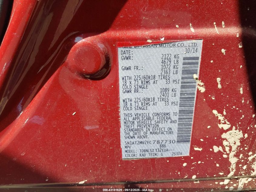 2015 Nissan Rogue Sl VIN: 5N1AT2MV2FC787730 Lot: 43181629