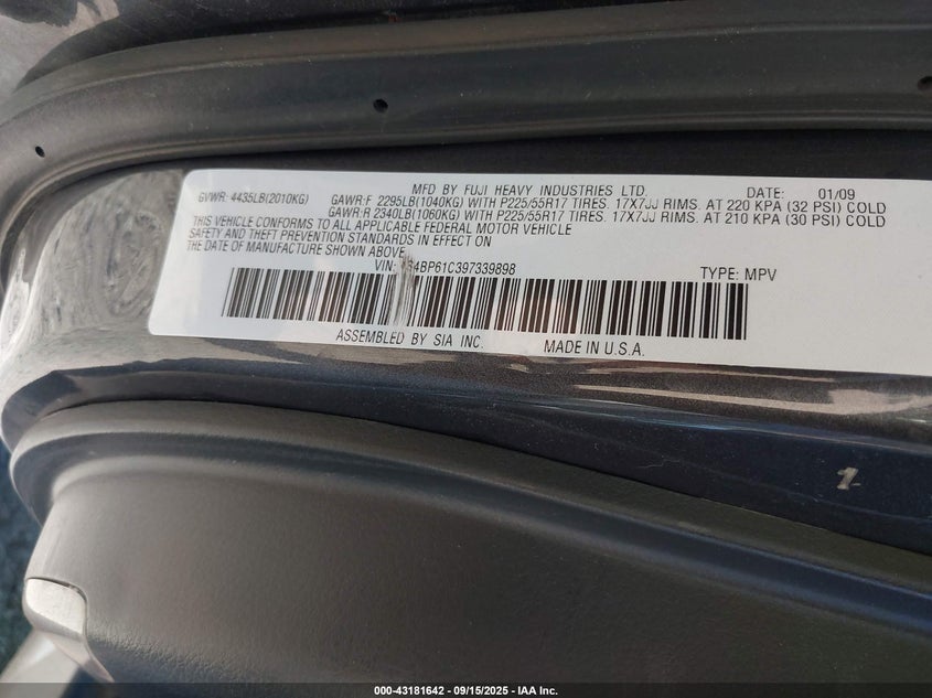 2009 Subaru Outback 2.5I VIN: 4S4BP61C397339898 Lot: 43181642