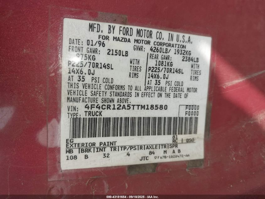 1996 Mazda B2300 VIN: 4F4CR12A5TTM18580 Lot: 43181654