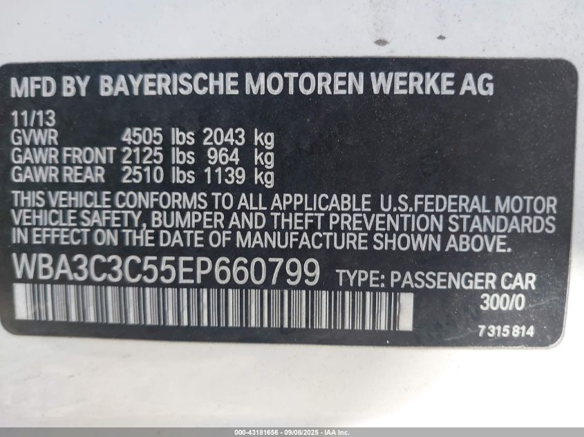 2014 BMW 320I xDrive VIN: WBA3C3C55EP660799 Lot: 43181656