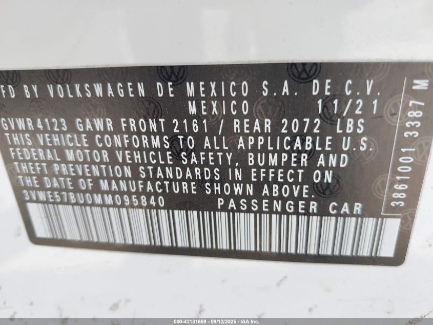 2021 Volkswagen Jetta Sel VIN: 3VWE57BU0MM095840 Lot: 43181669