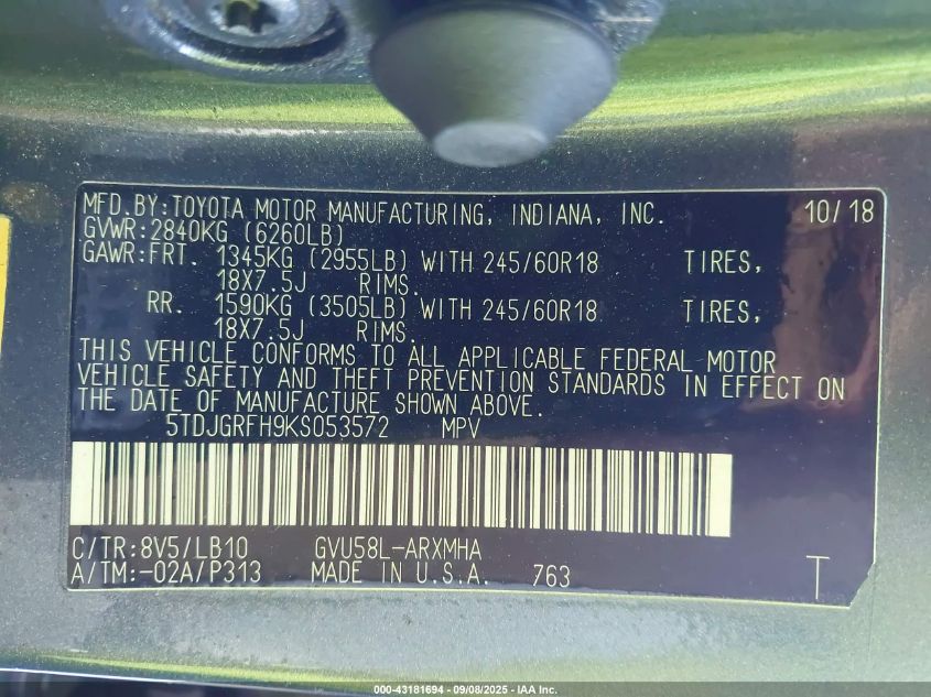 2019 Toyota Highlander Hybrid Xle VIN: 5TDJGRFH9KS053572 Lot: 43181694