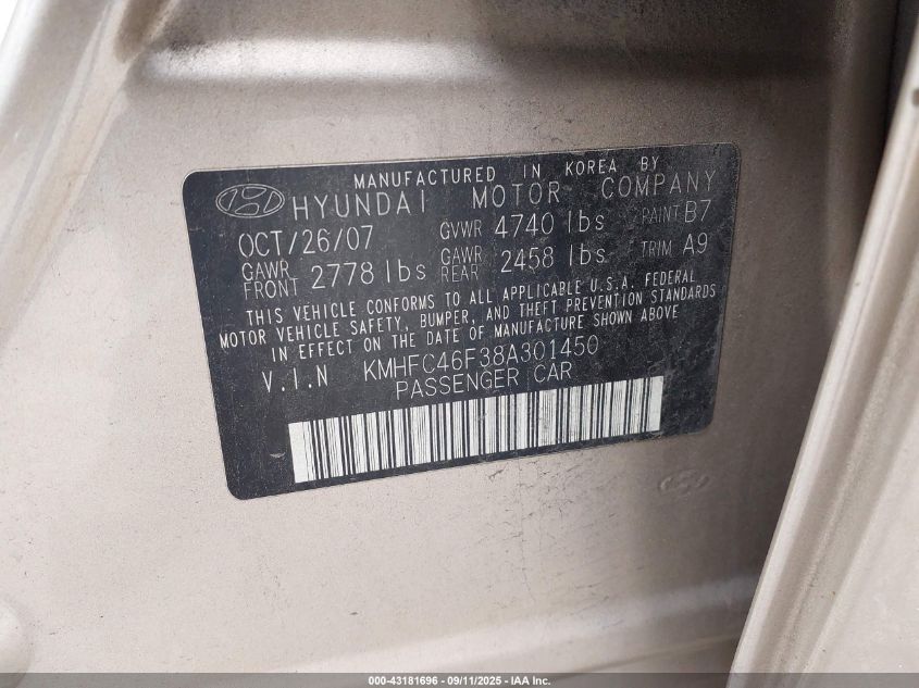 2008 Hyundai Azera Se/Limited VIN: KMHFC46F38A301450 Lot: 43181696