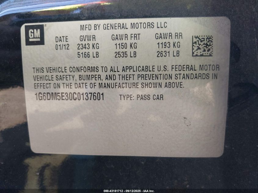 2012 Cadillac Cts Performance VIN: 1G6DM5E30C0137601 Lot: 43181712