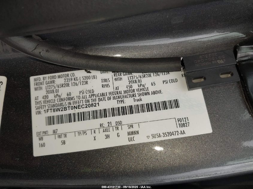 2022 Ford F-250 Lariat VIN: 1FT8W2BT0NEC20821 Lot: 43181730