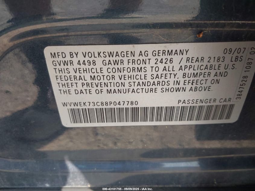 2008 Volkswagen Passat Lux VIN: WVWEK73C88P047780 Lot: 43181755