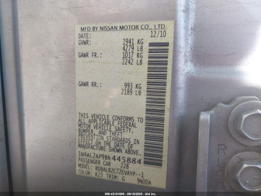2011 Nissan Altima 2.5 S VIN: 1N4AL2AP9BN445884 Lot: 43181805