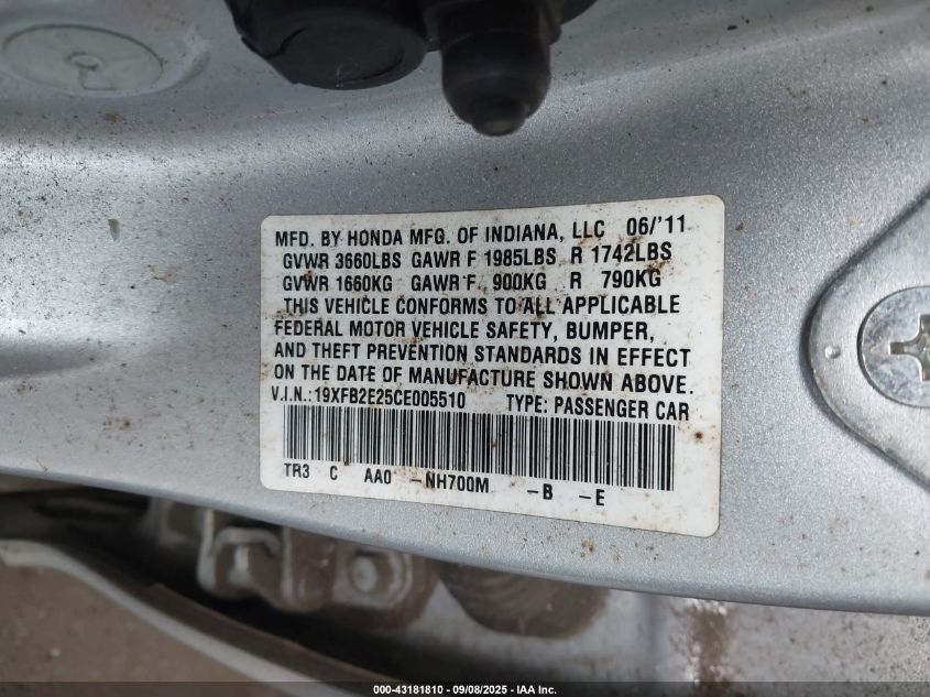 2012 Honda Civic Dx VIN: 19XFB2E25CE005510 Lot: 43181810