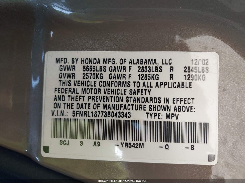 2003 Honda Odyssey Ex-L VIN: 5FNRL18773B043343 Lot: 43181817