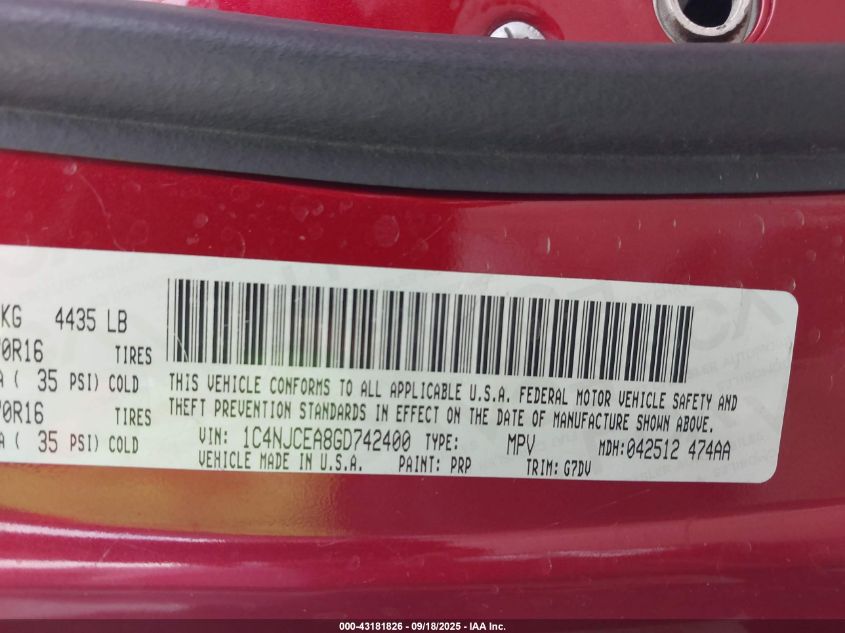 2016 Jeep Compass Latitude Fwd Latitude VIN: 1C4NJCEA8GD742400 Lot: 43181826