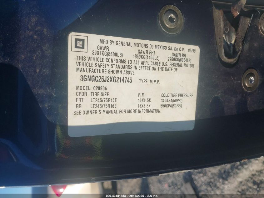 1999 Chevrolet Suburban 2500 VIN: 3GNGC26J2XG214745 Lot: 43181883