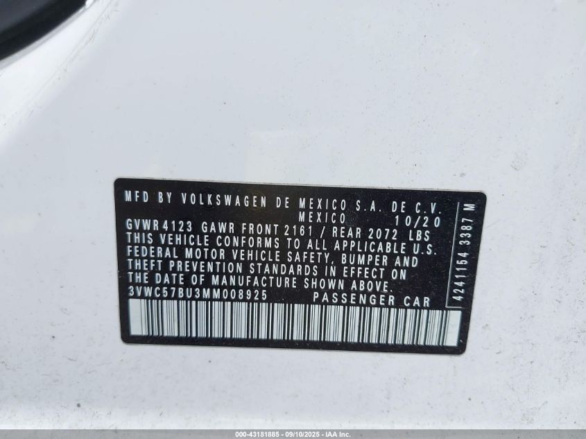 2021 Volkswagen Jetta 1.4T R-Line/1.4T S/1.4T Se VIN: 3VWC57BU3MM008925 Lot: 43181885