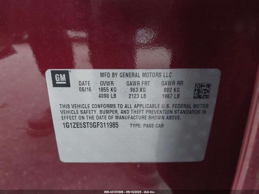 2016 Chevrolet Malibu 1Lt VIN: 1G1ZE5ST5GF311985 Lot: 43181886