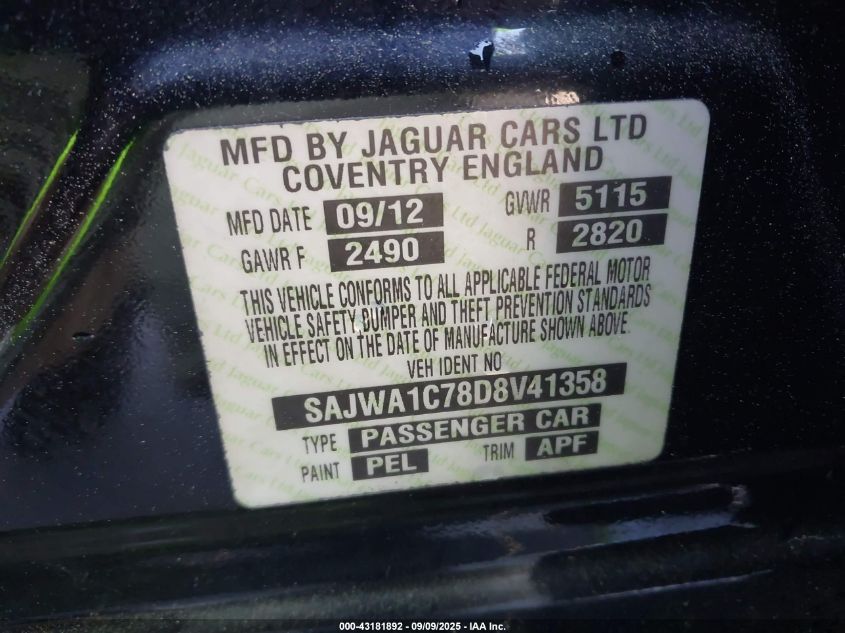 2013 Jaguar Xj VIN: SAJWA1C78D8V41358 Lot: 43181892