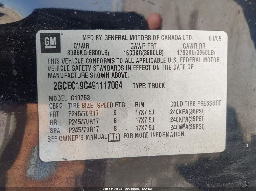 2009 Chevrolet Silverado 1500 Work Truck VIN: 2GCEC19C491117064 Lot: 43181904
