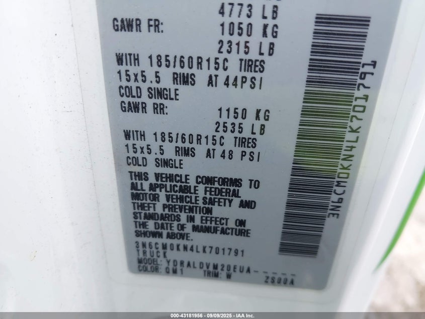 2020 NISSAN NV200  CARGO S XTRONIC CVT 3N6CM0KN4LK701791