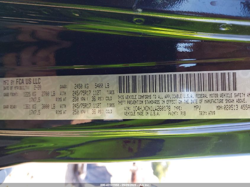 2020 Jeep Wrangler Unlimited Black And Tan 4X4/Freedom 4X4/Sport 4X4/Sport Altitude 4X4/Sport S 4X4/Willys 4X4/Willys Sport 4X4 VIN: 1C4HJXDN1LWC60178 Lot: 43181958