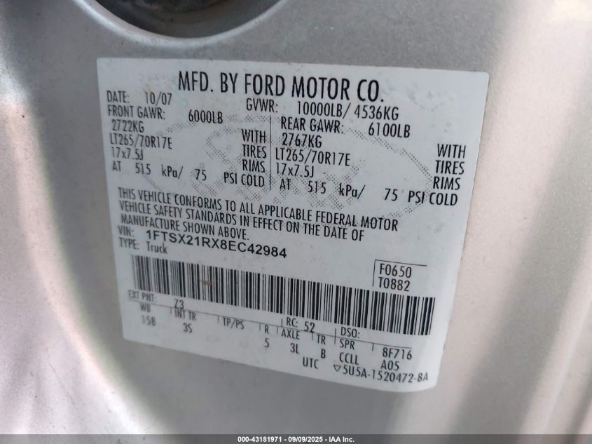 2008 Ford F250 Super Duty VIN: 1FTSX21RX8FC42984 Lot: 43181971