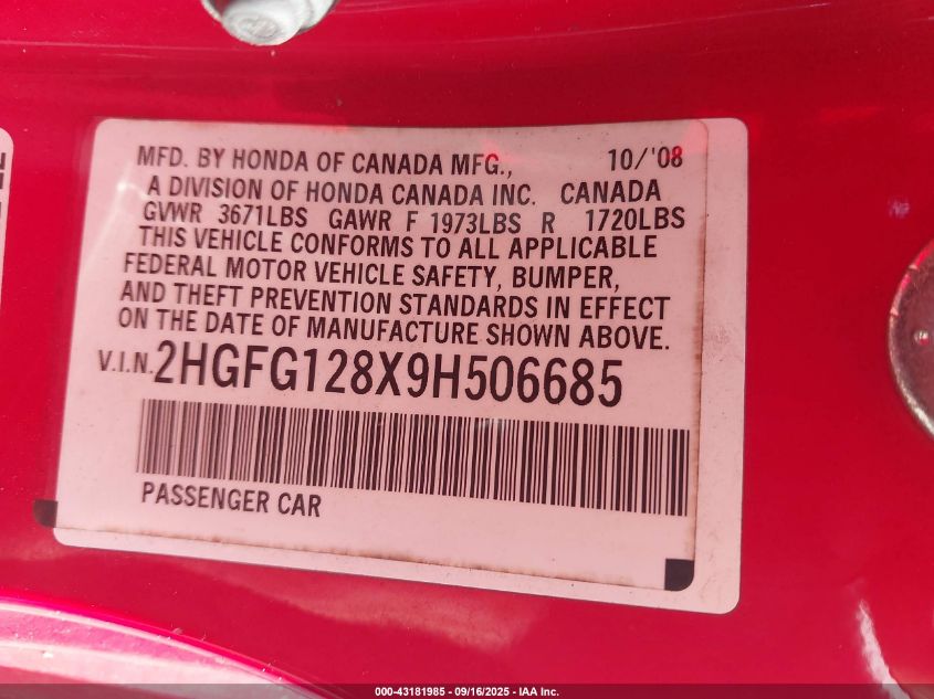 2009 Honda Civic Ex VIN: 2HGFG128X9H506685 Lot: 43181985