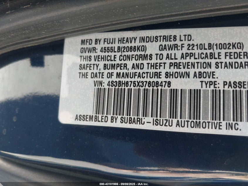 2003 Subaru Outback VIN: 4S3BH675X37608478 Lot: 43181986