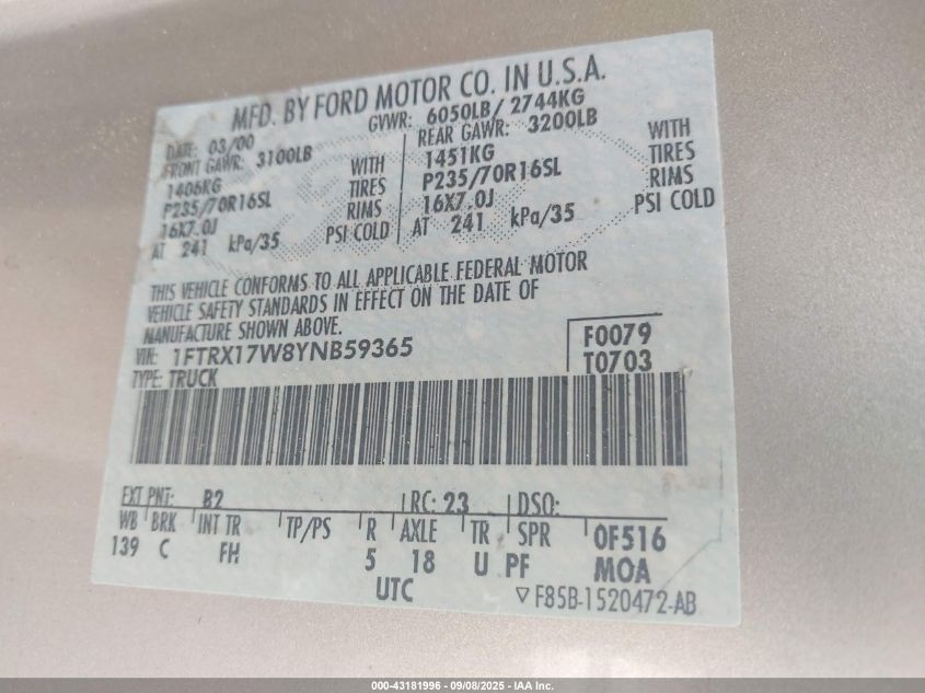 2000 Ford F-150 Lariat/Work Series/Xl/Xlt VIN: 1FTRX17W8YNB59365 Lot: 43181996