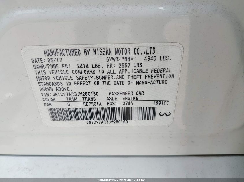 2018 Infiniti Q50 2.0T Luxe VIN: JN1CV7AR3JM280160 Lot: 43181997