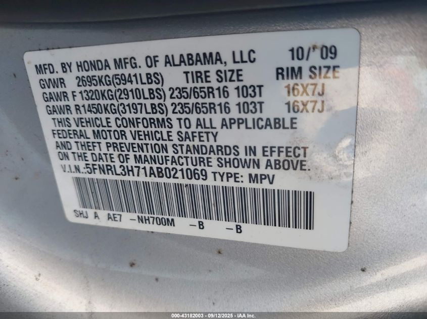 2010 Honda Odyssey Ex-L VIN: 5FNRL3H71AB021069 Lot: 43182003