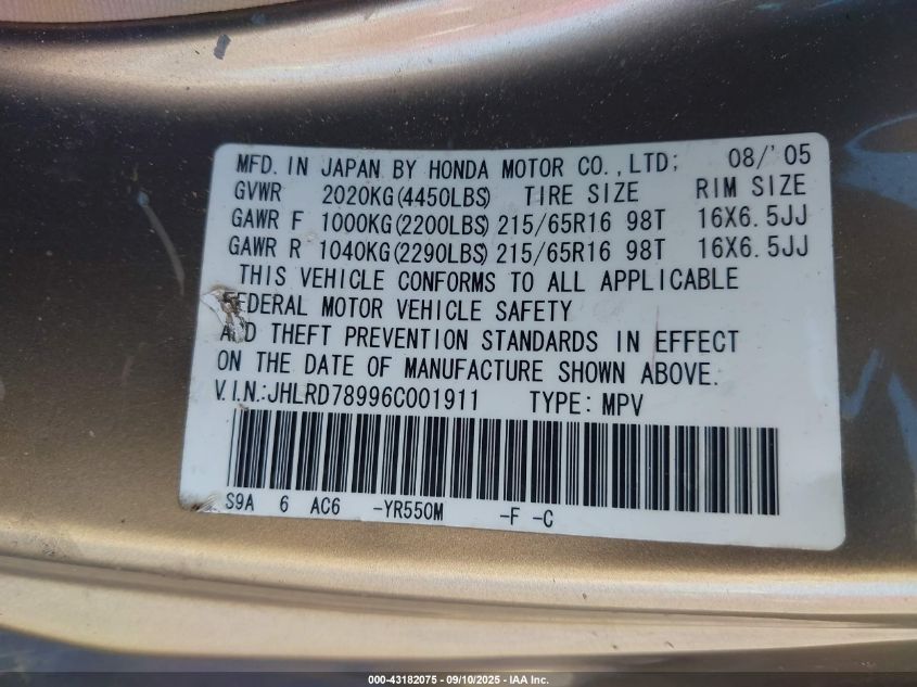 2006 Honda Cr-V Se VIN: JHLRD78996C001911 Lot: 43182075