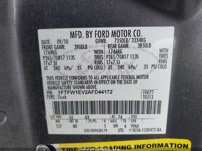 2010 Ford F150 Supercrew VIN: 1FTFW1EV2AFD44172 Lot: 43182077