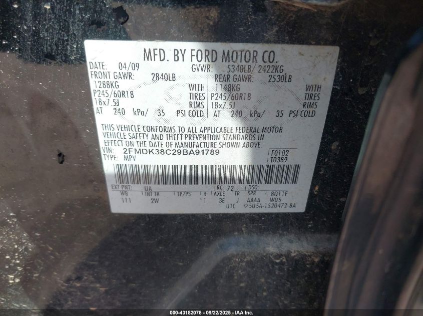 2009 Ford Edge Sel VIN: 2FMDK38C29BA91789 Lot: 43182078