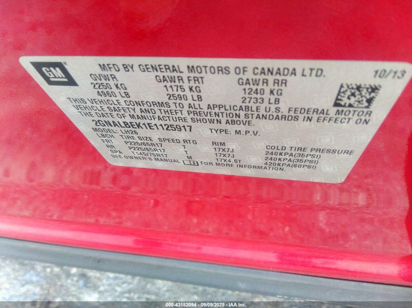 2014 Chevrolet Equinox 1Lt VIN: 2GNALBEK1E1125917 Lot: 43182094