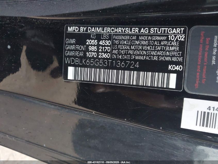 2003 Mercedes-Benz Clk 320 VIN: WDBLK65G53T136724 Lot: 43182110